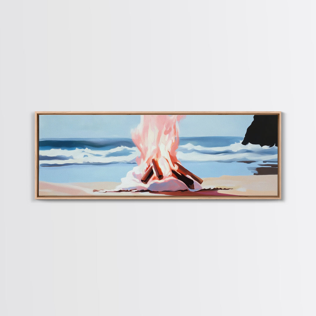 Beach Bonfire, Ocean Fire, Coastal Campfire, Framed Canvas Print, Seaside Night Art, Relaxing Summer Scene, Nautical Wall Decor