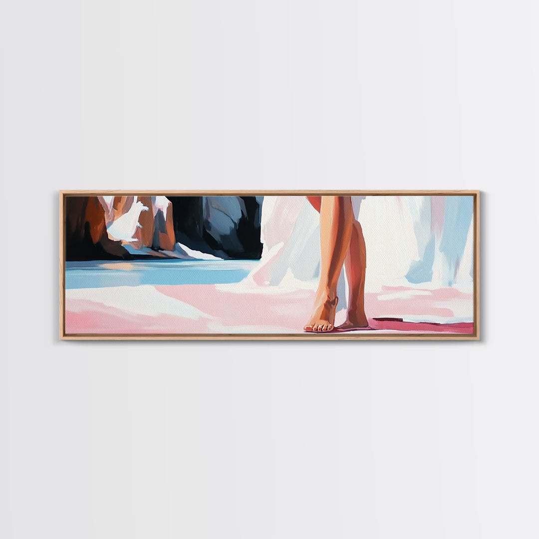 Barefoot Woman, Flowing Pink Dress, Water Reflection, Canvas Print, Feminine Wall Art, Elegant Bedroom Decor, Soft Pastel Aesthetic