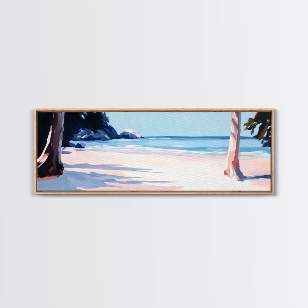 Beach Scene, Palm Trees, Blue Ocean, Canvas Print, Coastal Wall Art, Minimalist Landscape, Living Room Decor, Relaxing Home Aesthetic