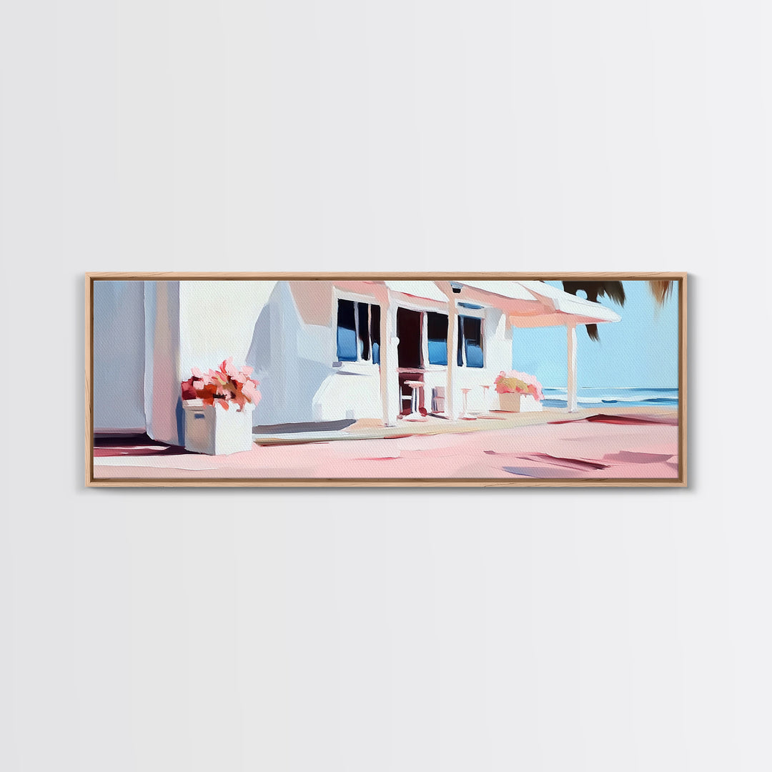 Coastal Café, Beachfront House, Ocean Breeze, Minimalist Canvas Print, Living Room Wall Art, Nautical Home Decor, Modern Coastal Art
