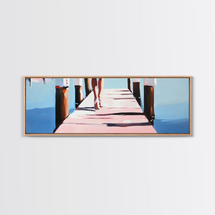 Walking on Dock, Waterfront Scene, Coastal Style, Framed Canvas Print, Minimalist Wall Art, Nautical Decor, Light and Airy Art
