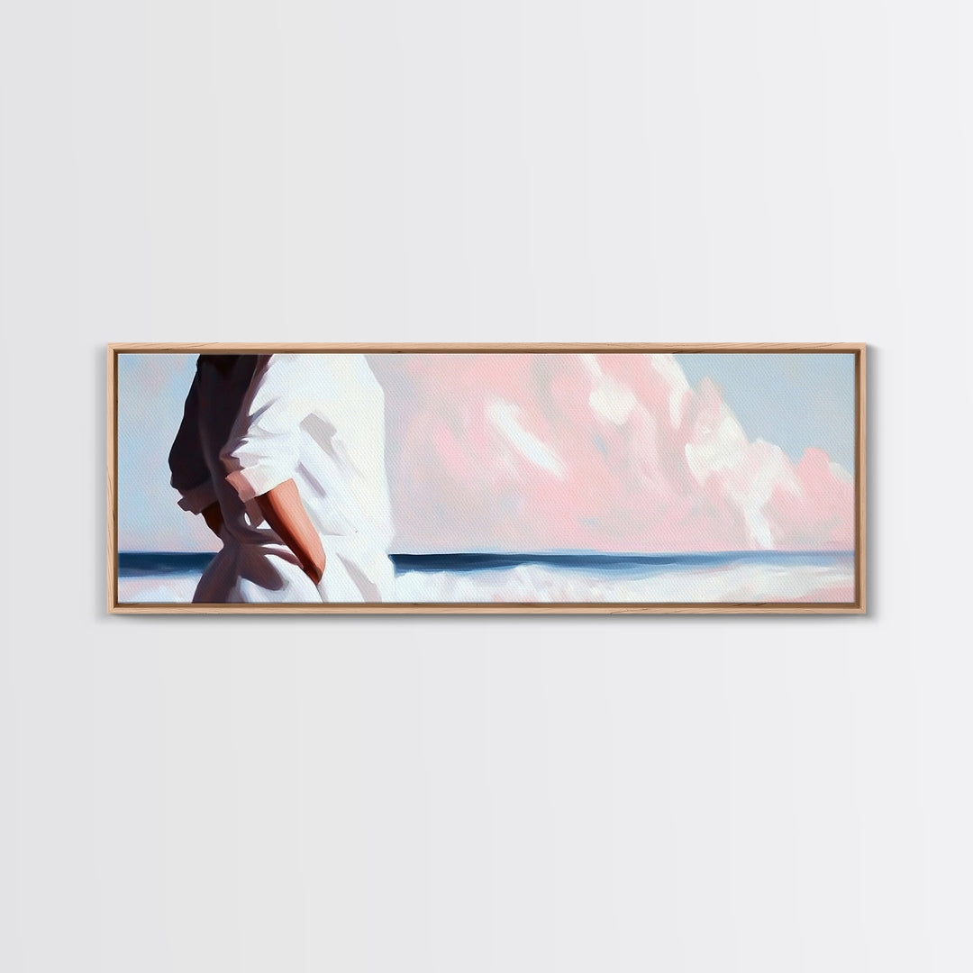 Beach Walk, Ocean Breeze, Pastel Sky, Dreamy Coastal Art, Soft Feminine Aesthetic, Framed Canvas Print, Bedroom Wall Art, Minimalist Decor