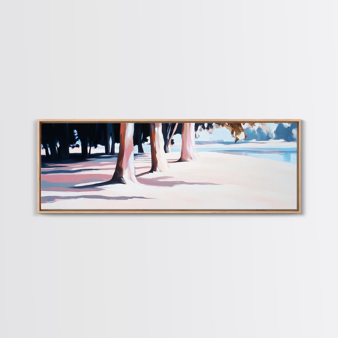 Beach Trees, Sunset Glow, Seaside Landscape, Coastal Art, Pastel Aesthetic, Framed Canvas Print, Living Room Art, Serene Escape