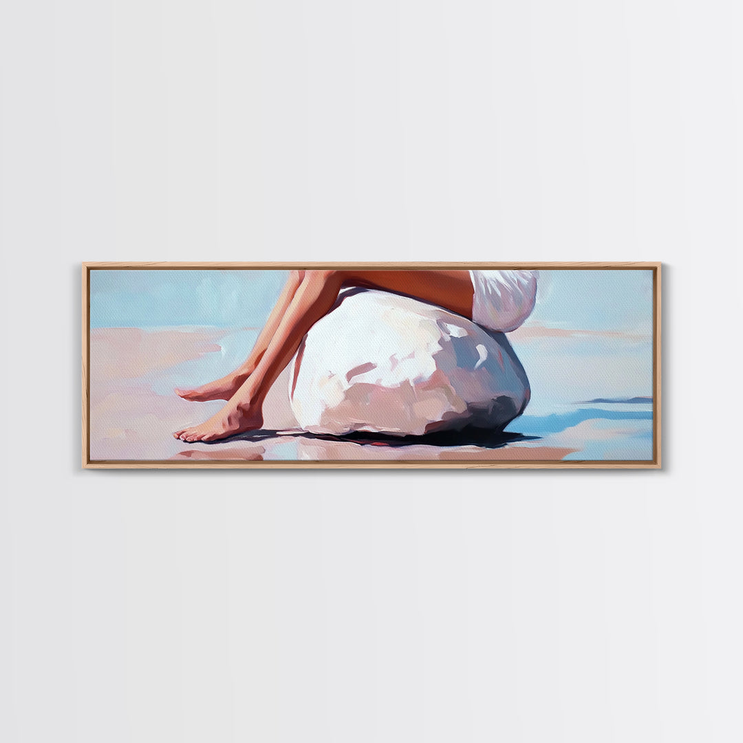 Beach Serenity, Woman Relaxing, Coastal Aesthetic, Framed Canvas Print, Minimalist Art, Boho Decor, Bedroom Wall Art, Summer Art