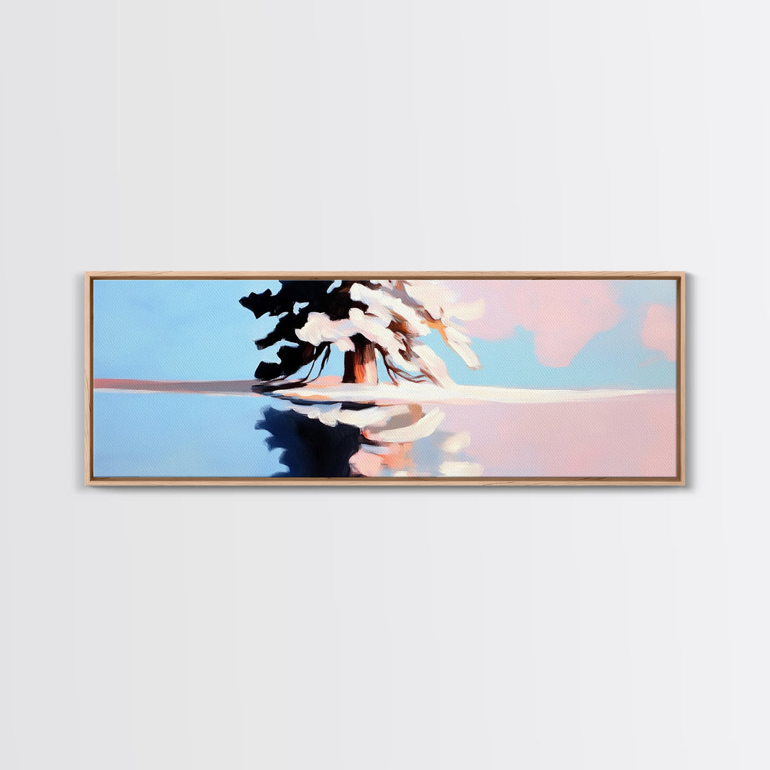 Winter Tree Reflection, Snowy Landscape Print, Serene Nature Art, Pastel Painting, Large Canvas Print, Minimalist Home Decor, Office Art