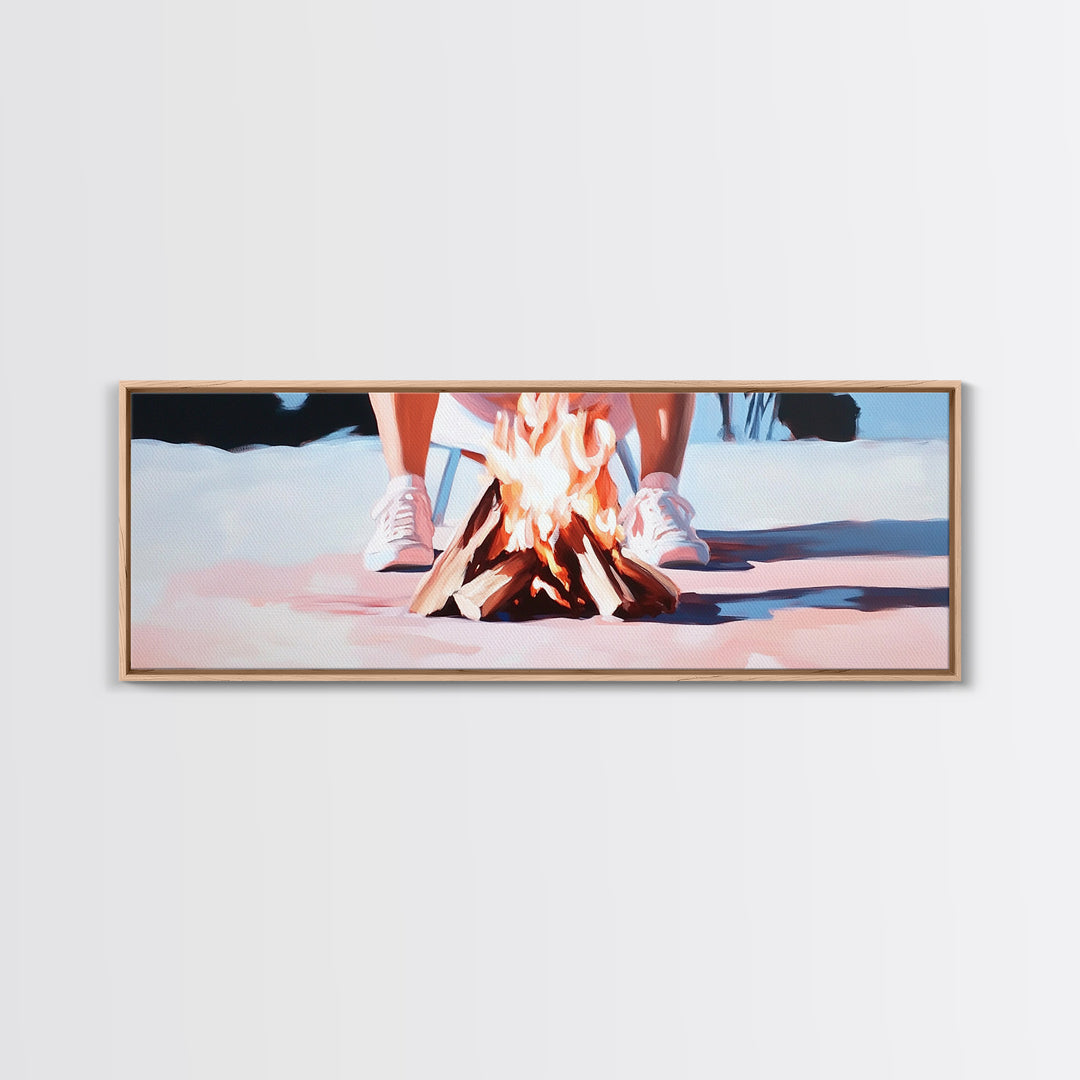 Campfire Scene, Autumn Night Art, Outdoor Adventure, Canvas Print, Rustic Home Decor, Cozy Warmth, Minimalist Fire Painting