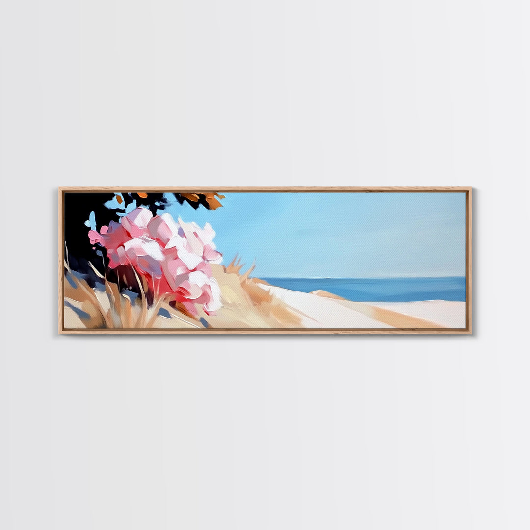 Beach Flowers, Coastal Blossoms, Summer Landscape, Framed Canvas Print, Boho Wall Art, Seaside Painting, Nature Home Decor