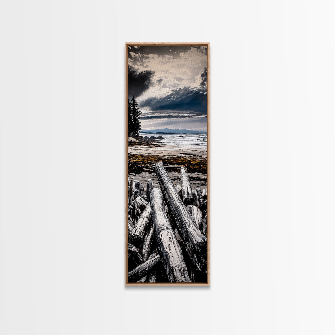 Coastal Beach, Driftwood Shore, Stormy Sky, Framed Canvas Print, Ocean Wall Art, Seaside Decor, Nautical Painting, Living Room Wall Art