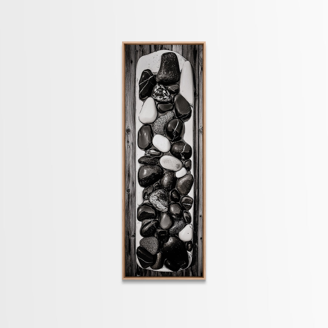Black and White Stones, Minimalist Rock Art, Rustic Home Decor, Natural Texture Print, Modern Zen Wall Art, Framed Canvas Print