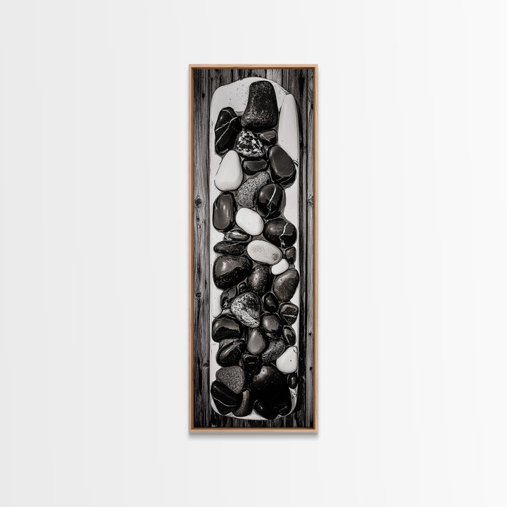Black and White Stones, Minimalist Rock Art, Rustic Home Decor, Natural Texture Print, Modern Zen Wall Art, Framed Canvas Print