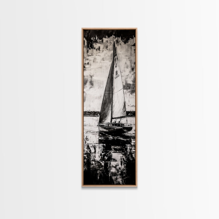 Black and White Sailboat, Nautical Wall Art, Minimalist Seascape Painting, Coastal Home Decor, Office or Bedroom Art, Framed Canvas Print