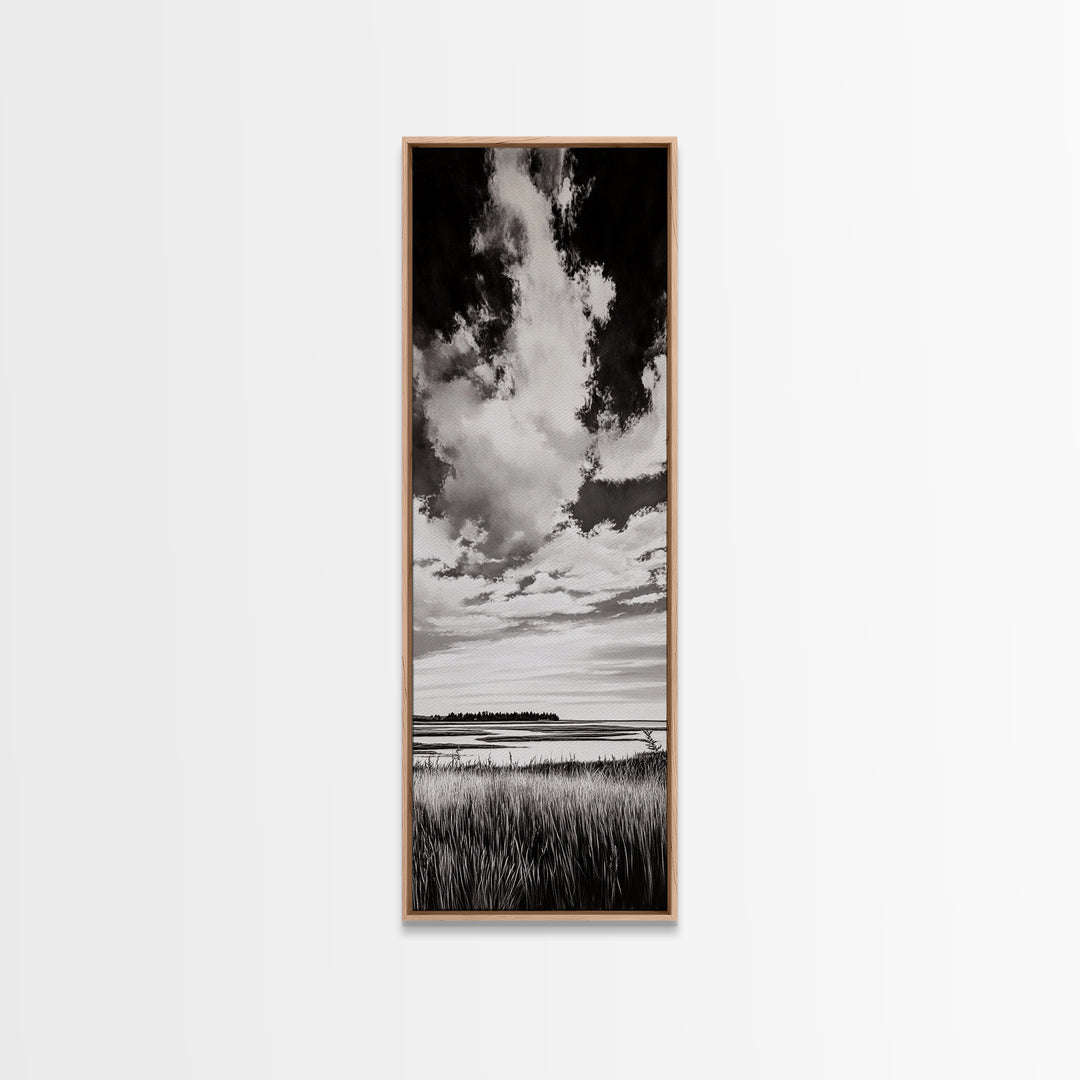Black and White Sky, Cloudscape Wall Art, Minimalist Artwork, Nature Landscape Painting, Office or Bedroom Decor, Framed Canvas Print