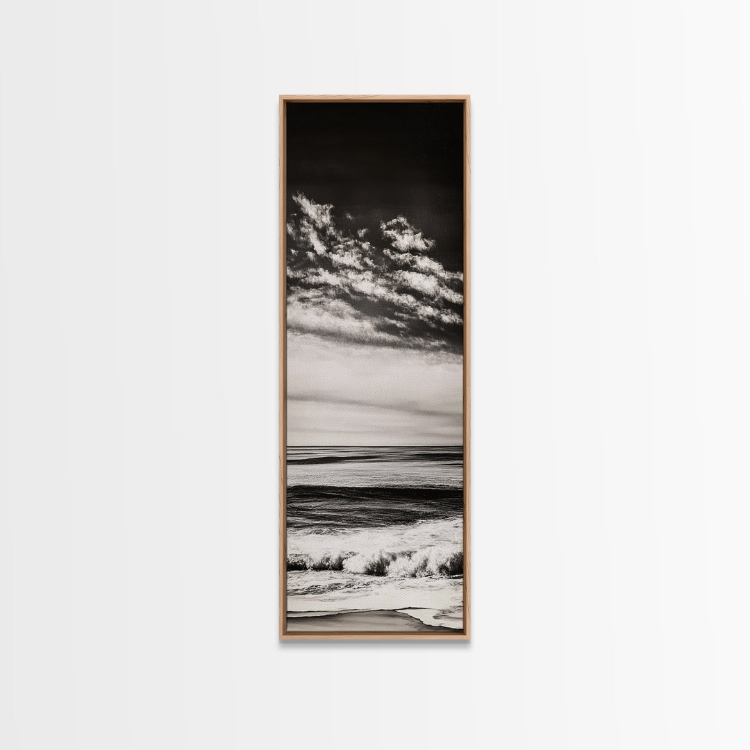 Ocean Horizon, Black and White, Cloudy Sky, Canvas Print, Coastal Wall Art, Minimalist Seascape, Modern Living Room Decor, Nautical Art