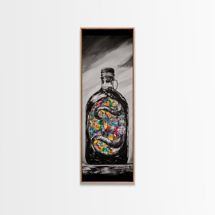 Snake in Bottle, Surreal, Dark Art, Framed Canvas Print, Gothic Home Decor, Unique Gift, Mysterious Artwork, Living Room Wall Art