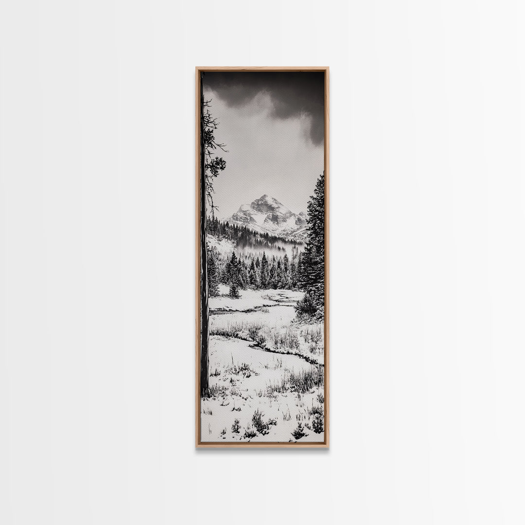 Winter Landscape, Snowy Mountains, Canvas Print, Black and White Photography, Rustic Home Decor, Cozy Cabin Wall Art, Nature Photography