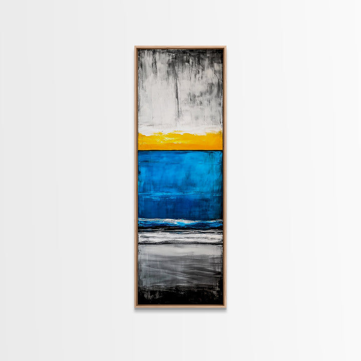 Sunset, Ocean, Waves, Framed Canvas Print, Coastal Wall Art, Modern Beach Decor, Blue and Yellow Abstract, Large Statement Art