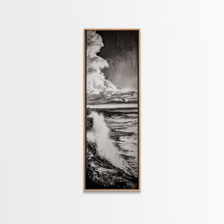 Ocean Power, Wave Crash, Coastal Landscape, Dramatic Seascape, Framed Canvas Print, Black and White Wall Art, Beach House Decor