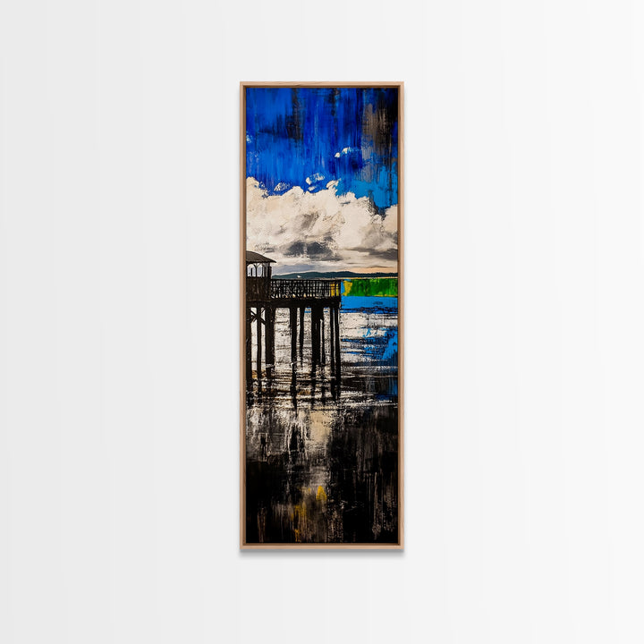 Dock on Water, Rustic Coastal Art, Blue Tones, Nautical Painting, Framed Canvas Print, Living Room Decor, Lakeside Cabin Wall Art