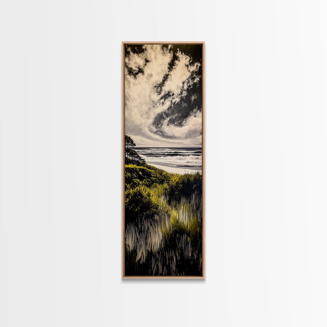 Coastal View, Ocean Landscape Art, Beach House Decor, Blue Sky Painting, Nautical Art, Modern Seascape, Framed Canvas Print