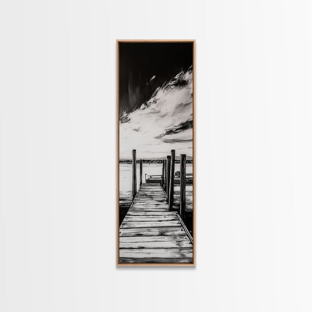 Wooden Dock, Black and White Lake Art, Rustic Cabin Wall Decor, Peaceful Waterfront Scene, Minimalist Landscape, Canvas Print