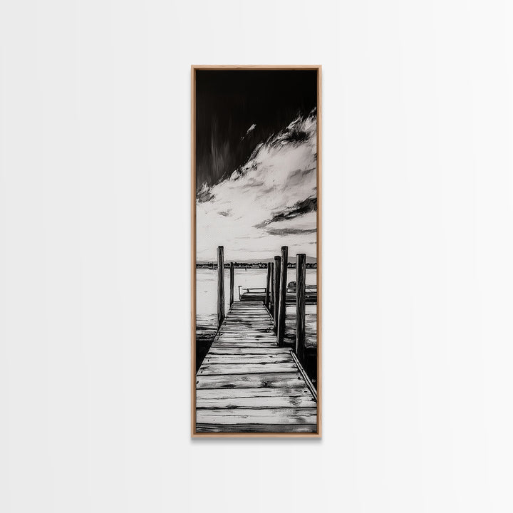Wooden Dock, Black and White Lake Art, Rustic Cabin Wall Decor, Peaceful Waterfront Scene, Minimalist Landscape, Canvas Print