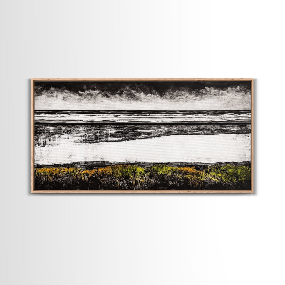 Coastal Horizon, Black and White Beach, Minimalist Seascape, Monochrome Art, Nature Inspired, Framed Canvas Print, Office Wall Decor