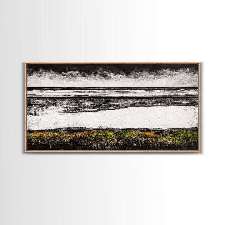 Coastal Horizon, Black and White Beach, Minimalist Seascape, Monochrome Art, Nature Inspired, Framed Canvas Print, Office Wall Decor