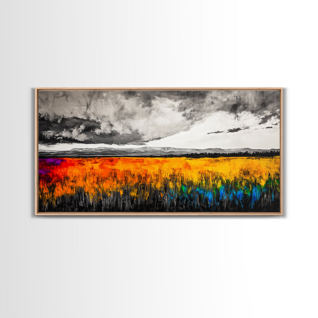 Autumn Meadow, Stormy Sky, Vibrant Fields, Framed Canvas Print, Fall Wall Art, Modern Landscape, Office Decor, Large Wall Art, Farmhouse