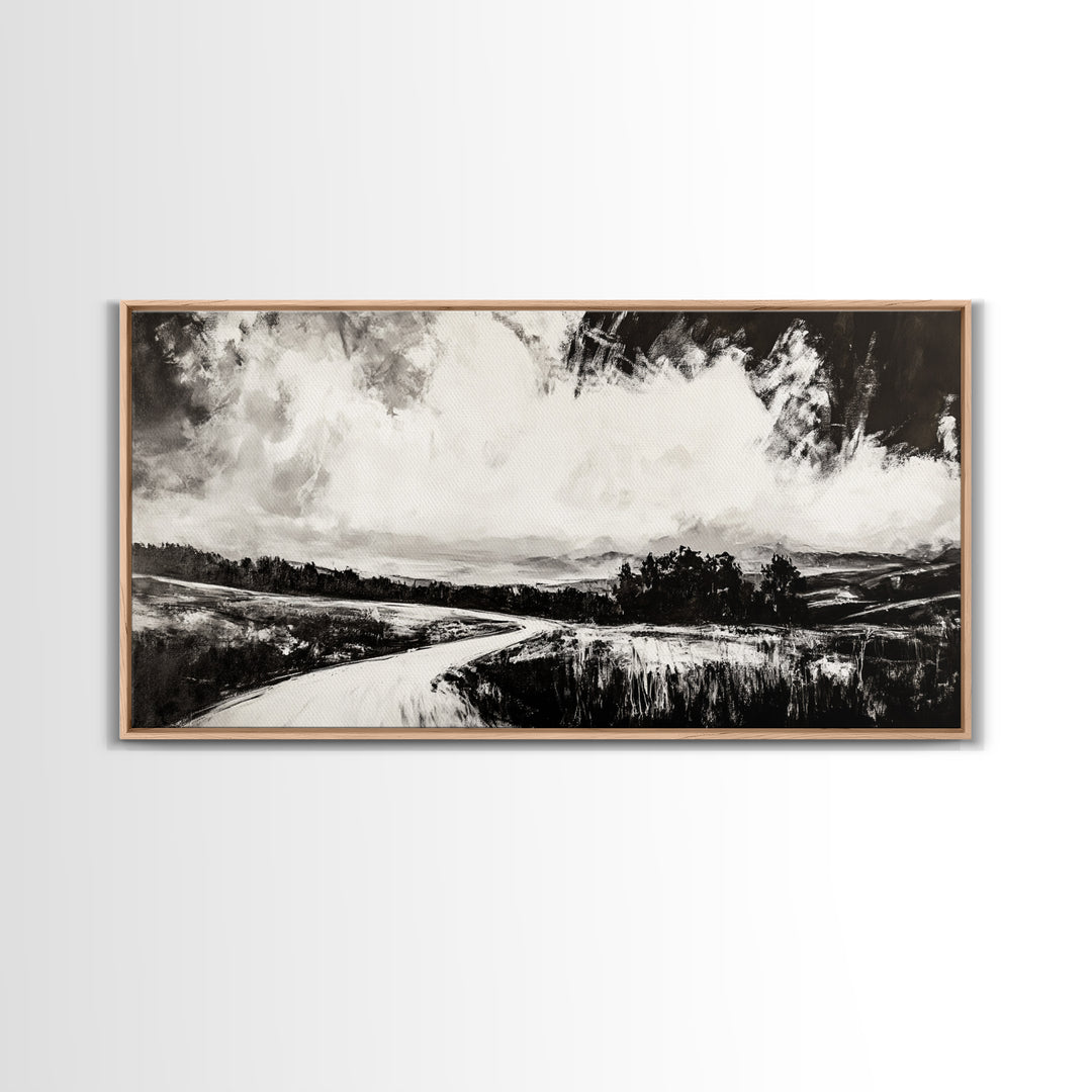 Country Road, Black and White, Minimalist, Framed Canvas Print, Rustic Landscape, Entryway Wall Art, Neutral Wall Decor, Farmhouse Style