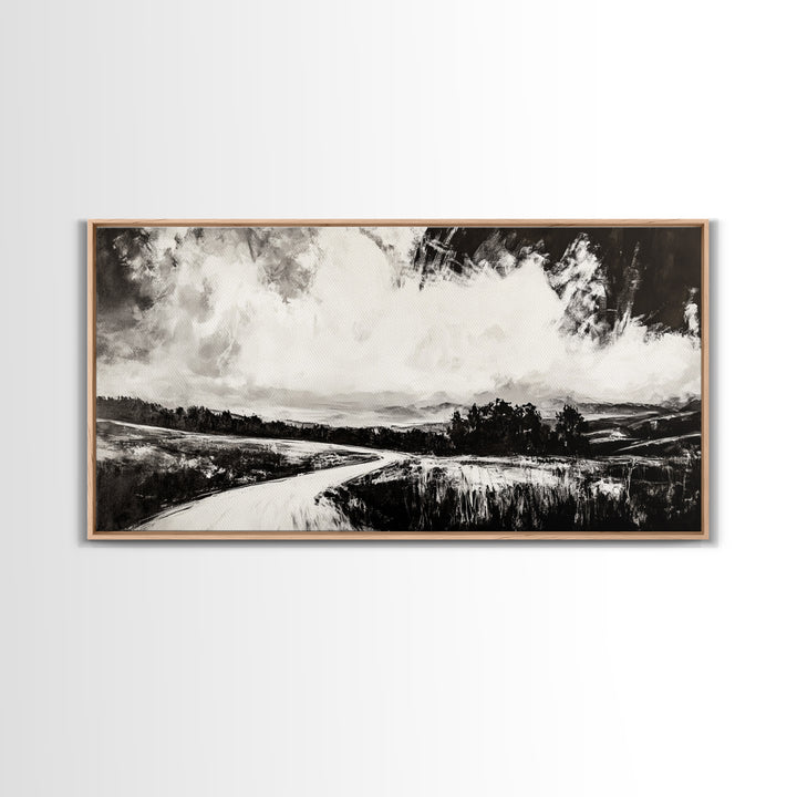 Country Road, Black and White, Minimalist, Framed Canvas Print, Rustic Landscape, Entryway Wall Art, Neutral Wall Decor, Farmhouse Style