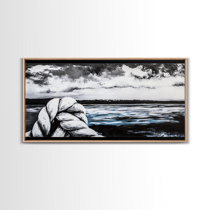 Nautical Art, Coastal Rope, Black and White, Framed Canvas Print, Beach House Decor, Minimalist Wall Art, Modern Ocean Painting