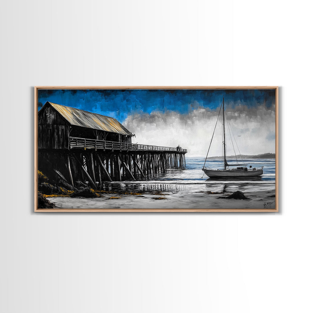 Pier and Boat, Seaside Wall Art, Coastal Landscape, Framed Canvas Print, Nautical Home Decor, Large Artwork, Ocean Painting