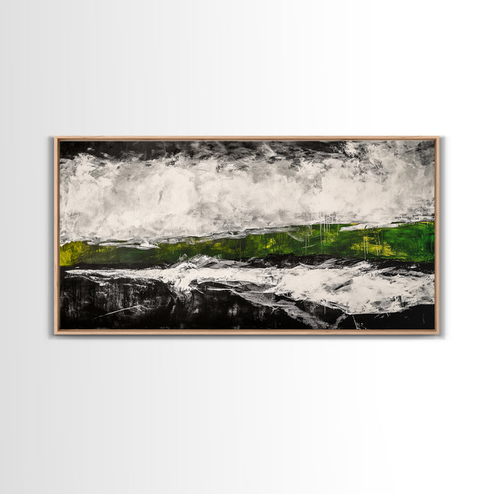 Abstract Expressionism, Black White Green, Dramatic Landscape, Framed Canvas Print, Modern Wall Art, Statement Artwork, Living Room Decor
