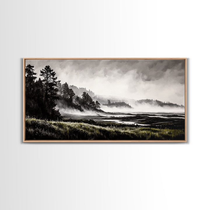 Foggy Hills, Woodland Landscape, Monochrome Art, Canvas Print, Rustic Nature Decor, Peaceful Wall Art, Mountain Art