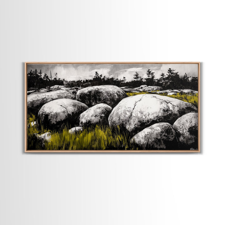 Boulder Landscape, Black and White, Nature Scene, Framed Canvas Print, Rustic Wall Art, Minimalist Decor, Wilderness Theme, Cabin Art
