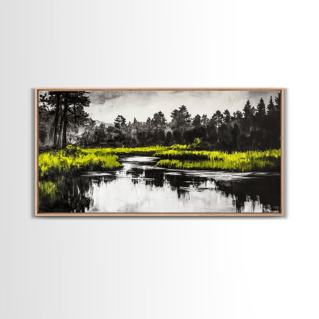 River Reflection, Minimalist Nature Art, Framed Canvas Print, Black and White Landscape, Modern Wall Decor, Office Wall Art