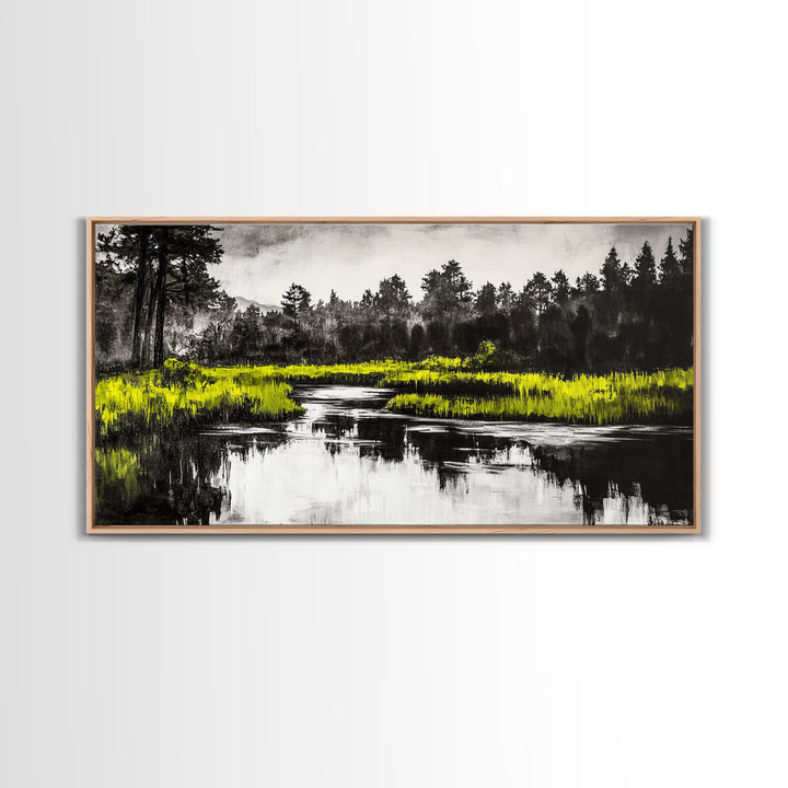 River Reflection, Minimalist Nature Art, Framed Canvas Print, Black and White Landscape, Modern Wall Decor, Office Wall Art