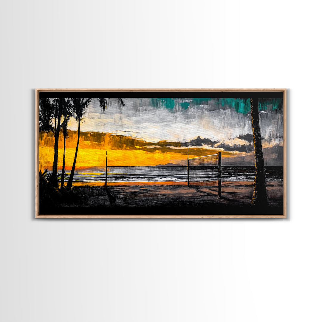 Beach Volleyball, Sunset Seascape, Warm Coastal Decor, Tropical Wall Art, Living Room Artwork, Golden Hour Beach Scene, Framed Canvas Print