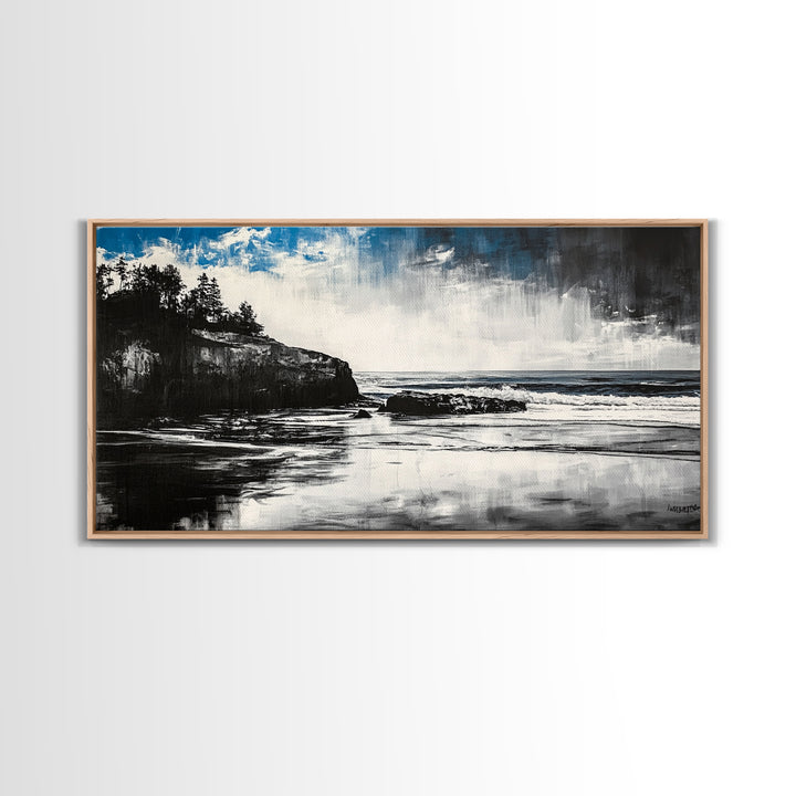 Dramatic Cliffside Painting, Ocean Wave Canvas Print, Monochrome Seascape Art, Moody Wall Decor, Coastal Artwork, Framed Canvas Print