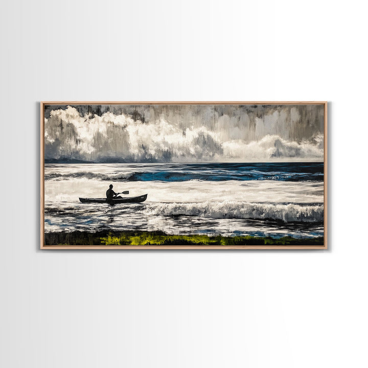 Kayaker on the Waves, Black and White Canvas Print, Ocean Adventure Wall Art, Nautical Decor, Living Room Artwork, Framed Canvas Print