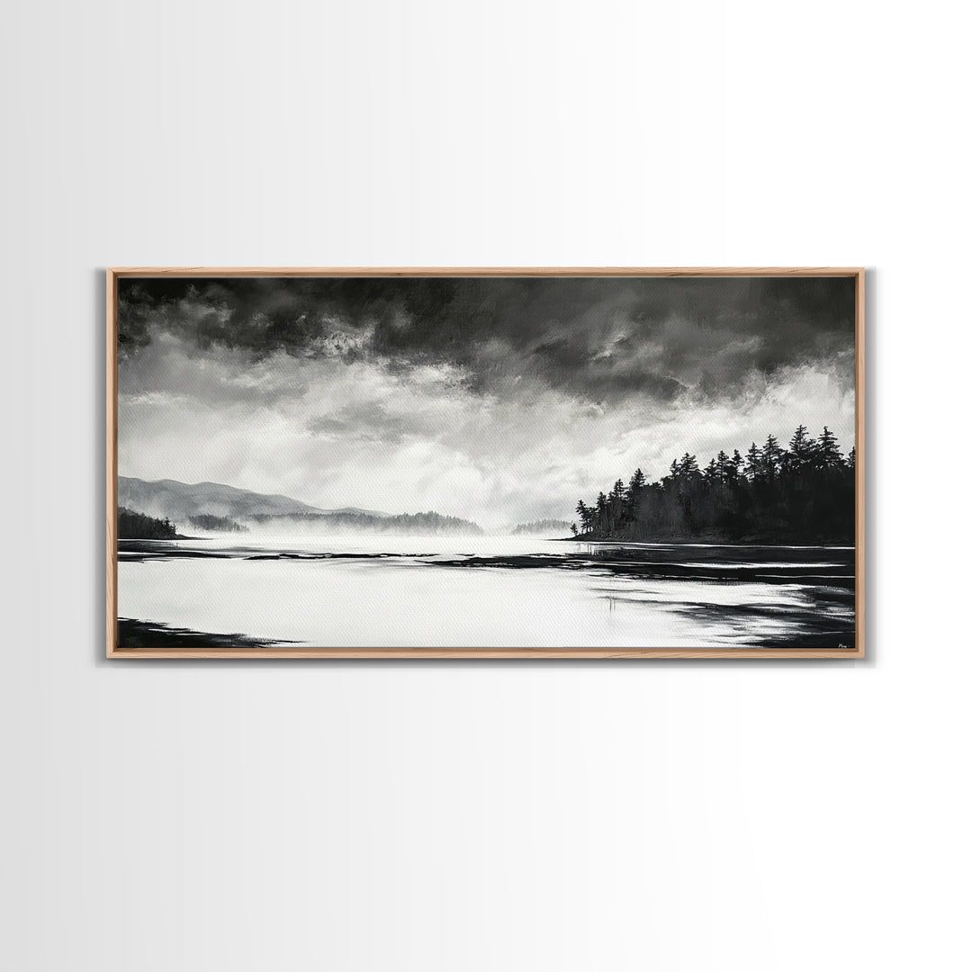 Monochrome Landscape Art, Misty Lake Canvas Print, Nature Wall Decor, Black and White Painting, Living Room Artwork, Framed Canvas Print