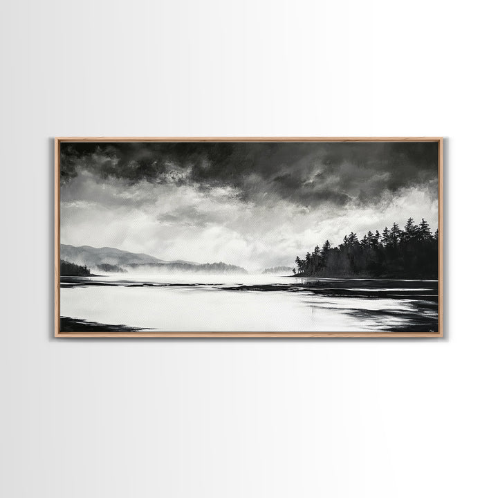 Monochrome Landscape Art, Misty Lake Canvas Print, Nature Wall Decor, Black and White Painting, Living Room Artwork, Framed Canvas Print