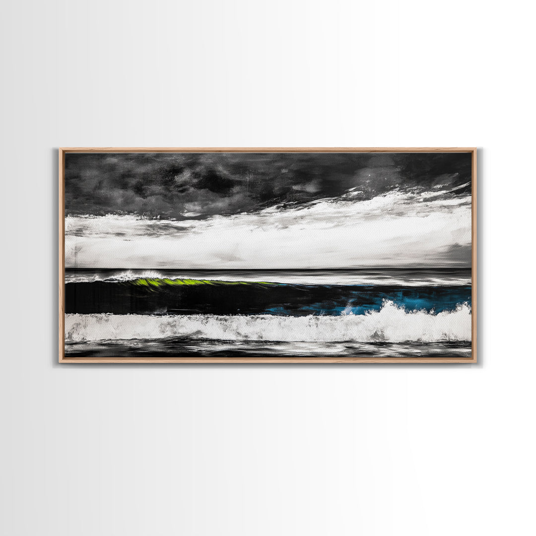 Ocean Wave Painting, Black and White Print, Modern Coastal Wall Decor, Seascape Art, Nautical Home Aesthetic, Framed Canvas Print