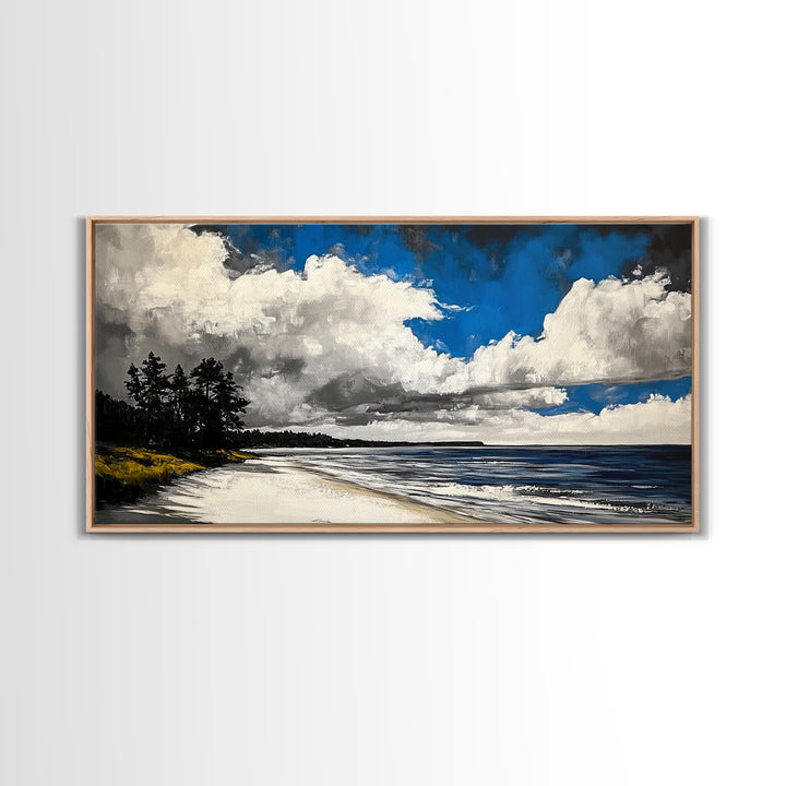 Dramatic Beach Scene, Blue Sky Canvas Print, Coastal Landscape Painting, Nature Wall Decor, Living Room Artwork, Framed Canvas Print