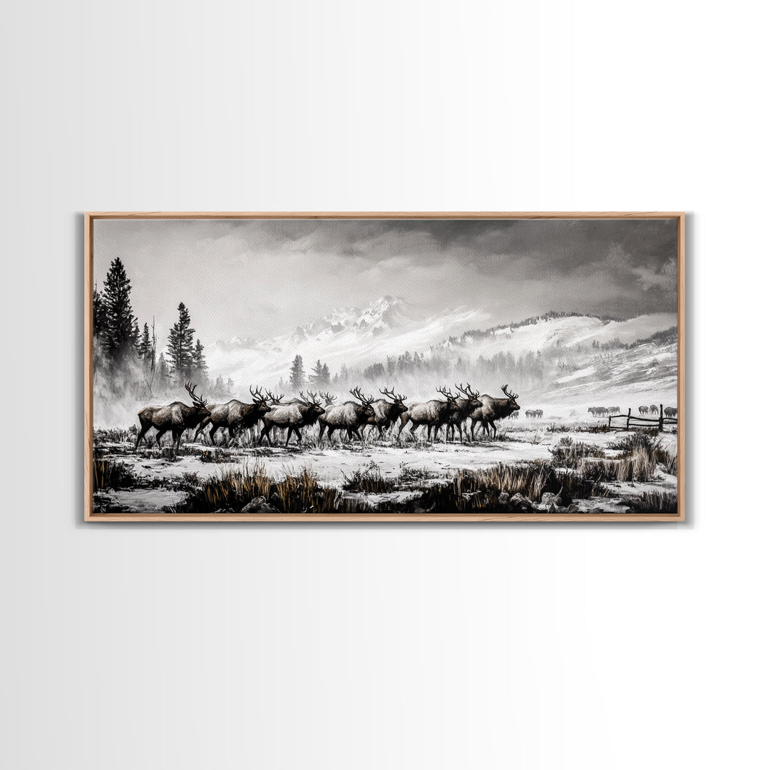 Elk, Wildlife, Mountain, Framed Canvas Print, Rustic Lodge Art, Winter Nature Scene, Cabin Wall Decor, Hunting Artwork, Western Aesthetic