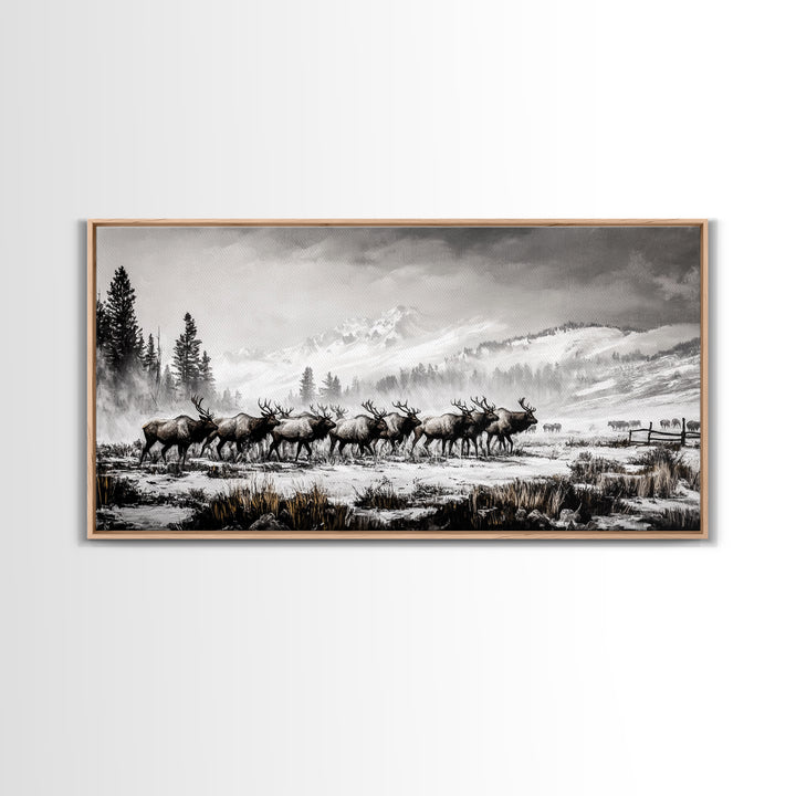 Elk, Wildlife, Mountain, Framed Canvas Print, Rustic Lodge Art, Winter Nature Scene, Cabin Wall Decor, Hunting Artwork, Western Aesthetic