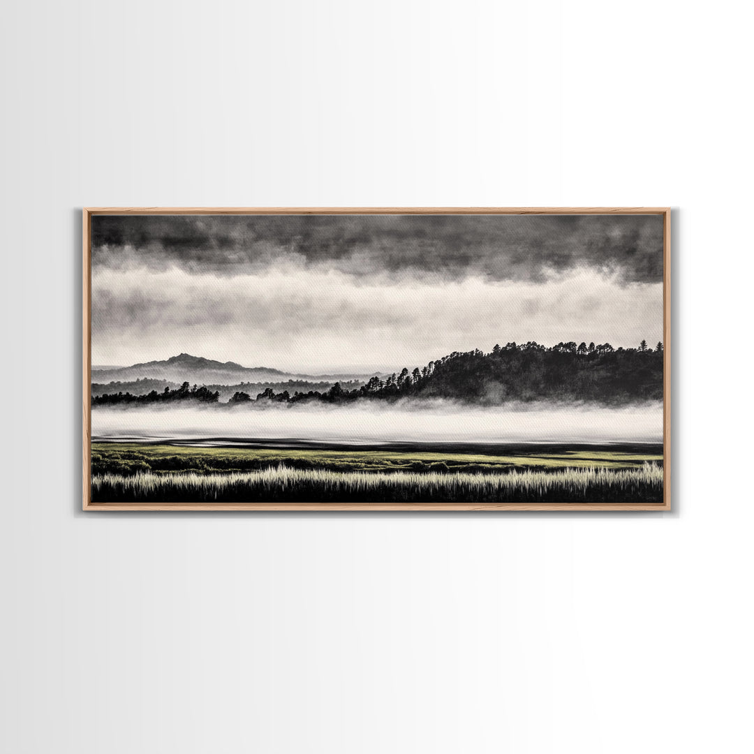 Misty Mountains, Black and White Art, Foggy Landscape, Canvas Print, Nature Wall Art, Minimalist Artwork, Bedroom Wall Decor