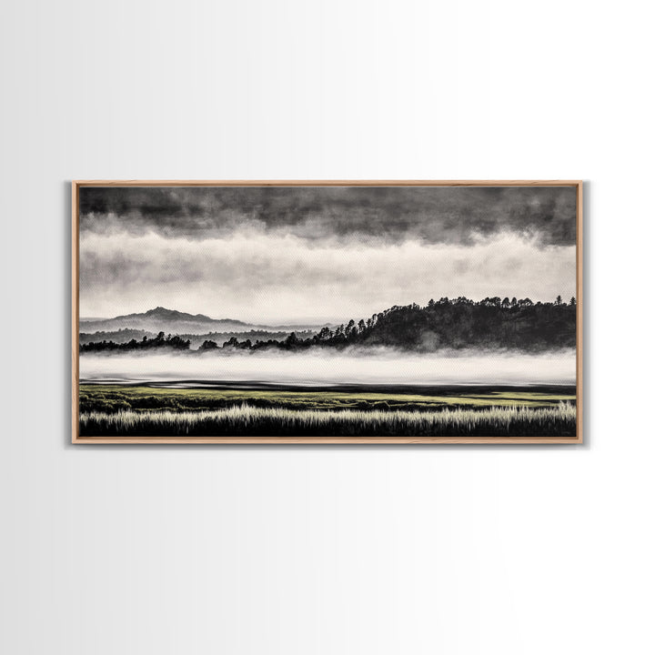 Misty Mountains, Black and White Art, Foggy Landscape, Canvas Print, Nature Wall Art, Minimalist Artwork, Bedroom Wall Decor