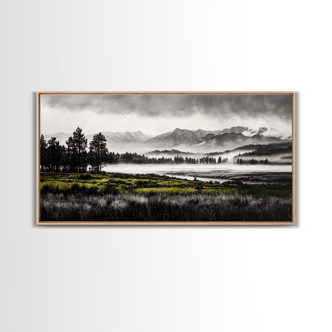 Foggy Forest, Mountain Landscape, Monochrome Wall Art, Framed Canvas Print, Modern Home Decor, Living Room Artwork, Nature Print