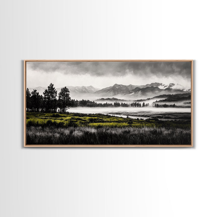 Foggy Forest, Mountain Landscape, Monochrome Wall Art, Framed Canvas Print, Modern Home Decor, Living Room Artwork, Nature Print